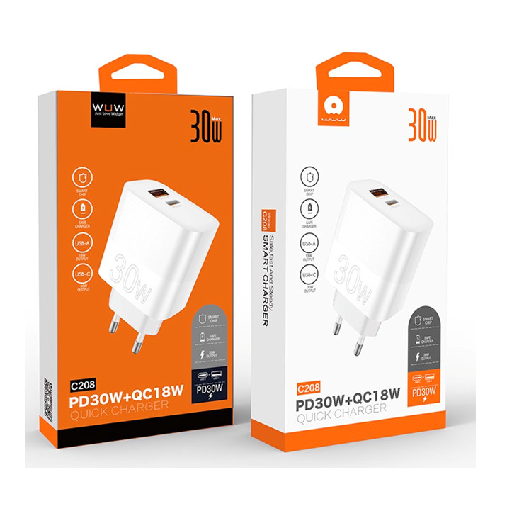 Мережевий зарядний пристрій WUW-C208 30W (USB-C PD 30W + USB-A QC3.0 18W) (колір білий)