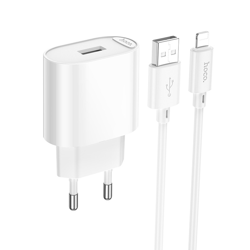 Мережевий зарядний пристрій з кабелем HOCO C109A(10.5W) Fighter single port charger set(iP) White (6942007656597)