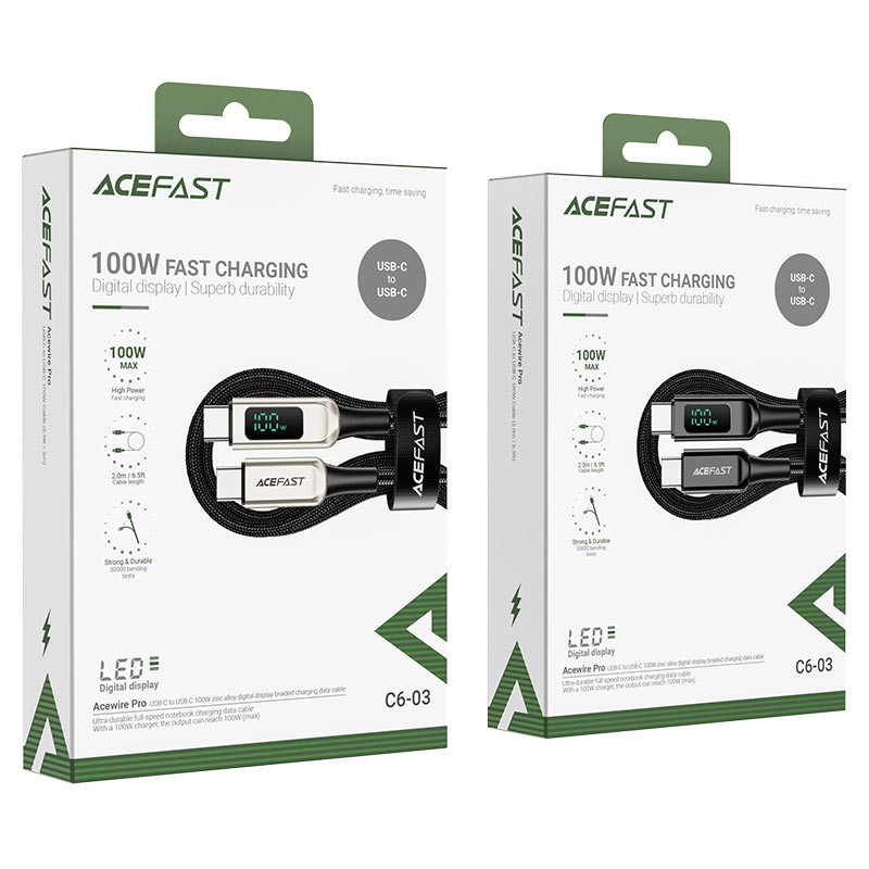 Кабель ACEFAST C6-03 Type-C to Type-C 5A, 100W, 2m, nylon, zinc connectors, digital display, Black (AFC6-03B)