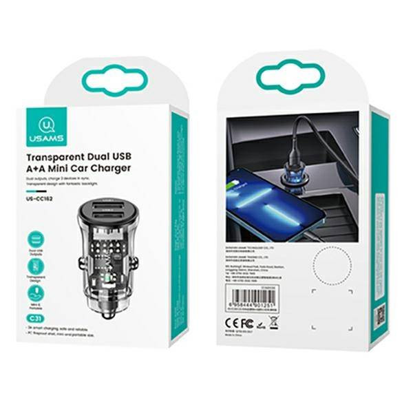 Автомобільний зарядний пристрій Usams US-CC162 C31 15W Transparent Dual USB A+A Mini Car Charger (CC162CC01)