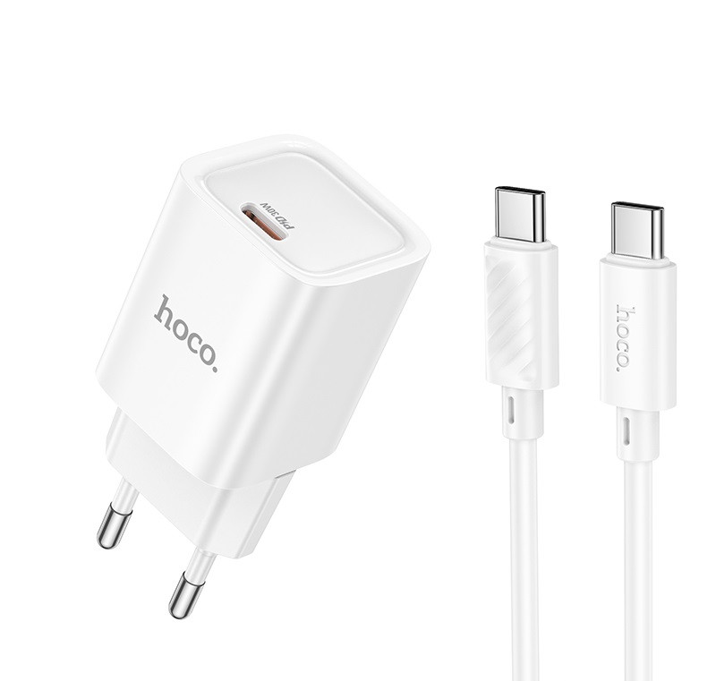 Мережевий зарядний пристрій з кабелем HOCO C148A Charm single port PD30W charger set (C to C) (EU) White (6942007630320)