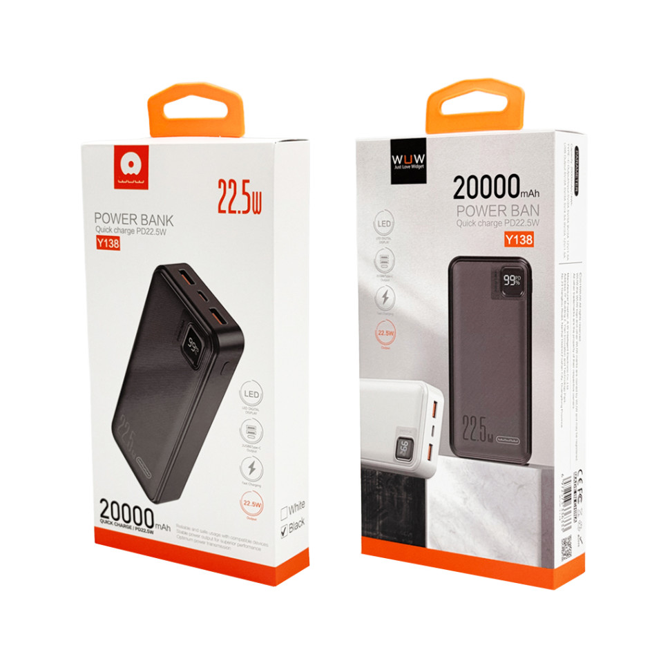 Зовнішній акумулятор WUW Y138 （PD22.5W quick charge) 20000mAh Black (Y138)