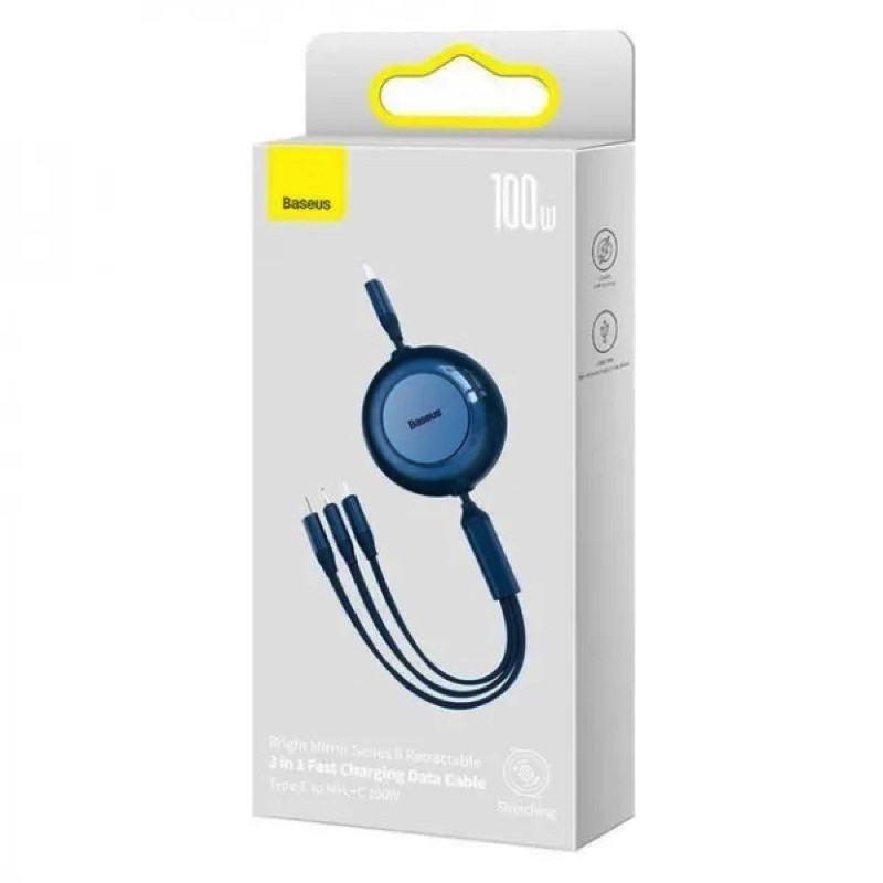 Кабель Baseus Bright Mirror 2 Series Retractable 3-in-1 Fast Charging  Data Cable Type-C to M+L+C 100W 1.1m Blue (CAMJ010203)