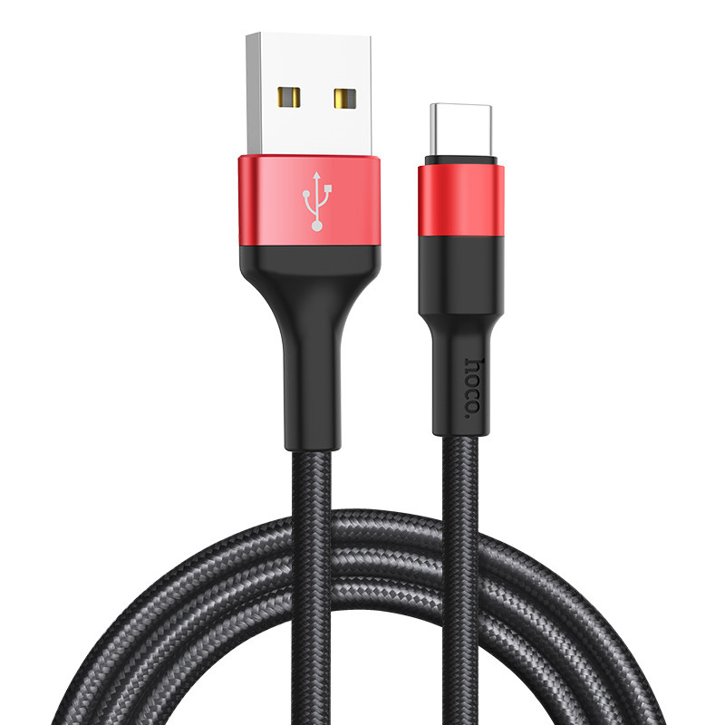 Кабель HOCO X26 USB to Type-C 2A, 18W 1m, nylon,  aluminum connectors, Black+Red (6957531080251)
