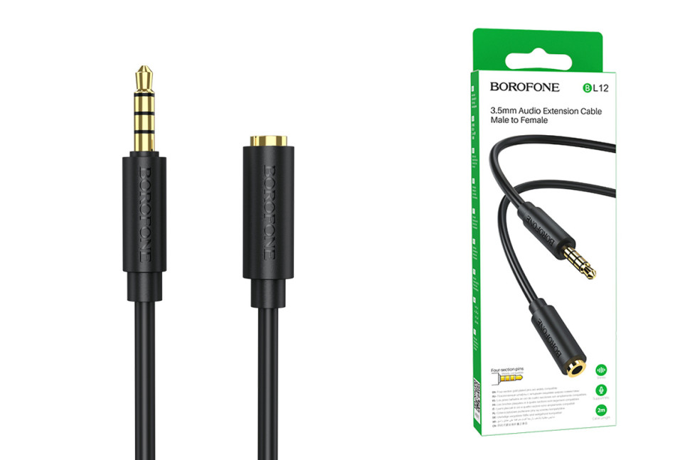 Аудіокабель BOROFONE BL12 3.5 audio extension cable male to female 2m Black (6974443383140)