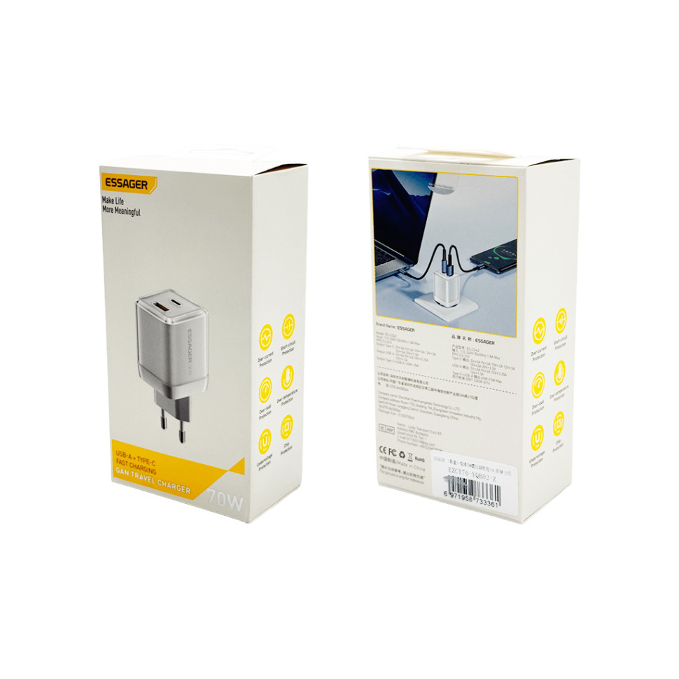 Мережевий зарядний пристрій ESSAGER EZCT70 Gan 1USB 1T-C 70W white (EZCT70-YQB02-Z)