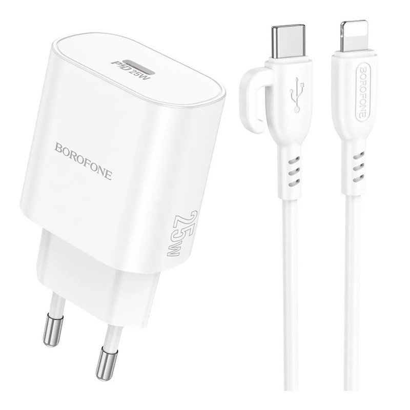 Мережевий зарядний пристрій з кабелем BOROFONE BA82A Platinum single port PD25W charger set (C to iP) (EU) White (6941991112263)