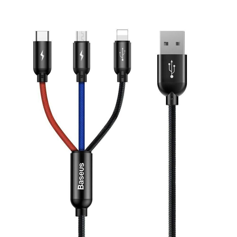 Кабель Baseus Three Primary Colors 3-in-1 Cable USB For M+L+T 3.5A 1.2m Black (CAMLT-BSY01)