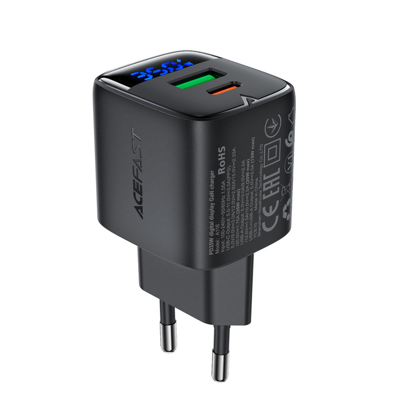 Мережевий зарядний пристрій ACEFAST A116 PD35W GaN charger (USB-A+USB-C) with digital display Black (6974316284468)
