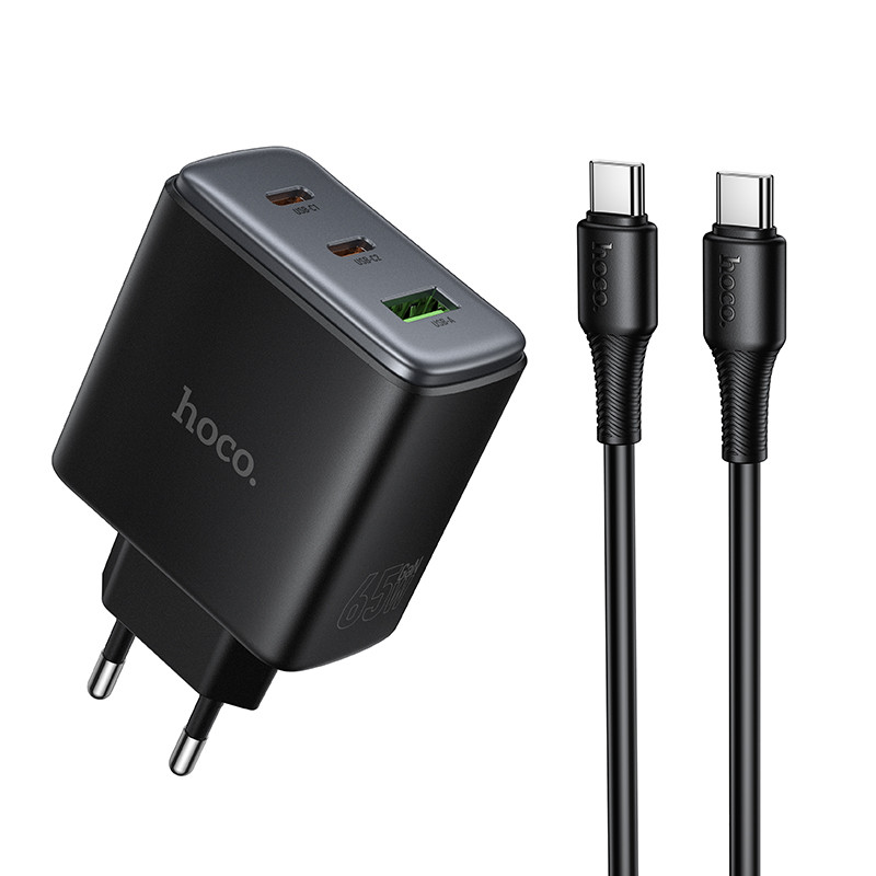 Мережевий зарядний пристрій HOCO C160A Upgrade PD65W(2C1A) charger set(C to C) Black (6942007672016)