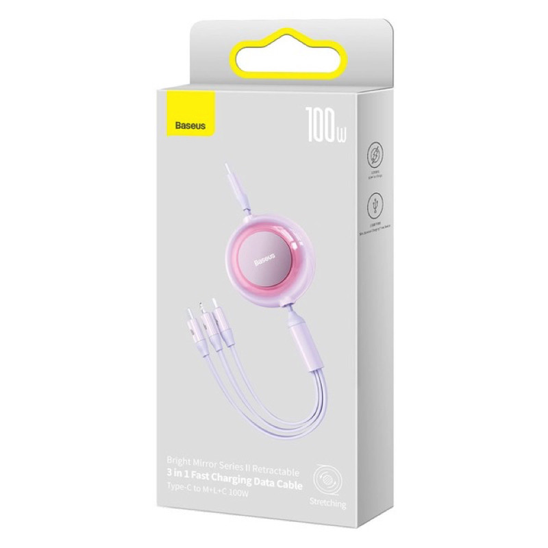 Кабель Baseus Bright Mirror 2 Series Retractable 3-in-1 Fast Charging  Data Cable Type-C to M+L+C 100W 1.1m Purple (CAMJ010205)