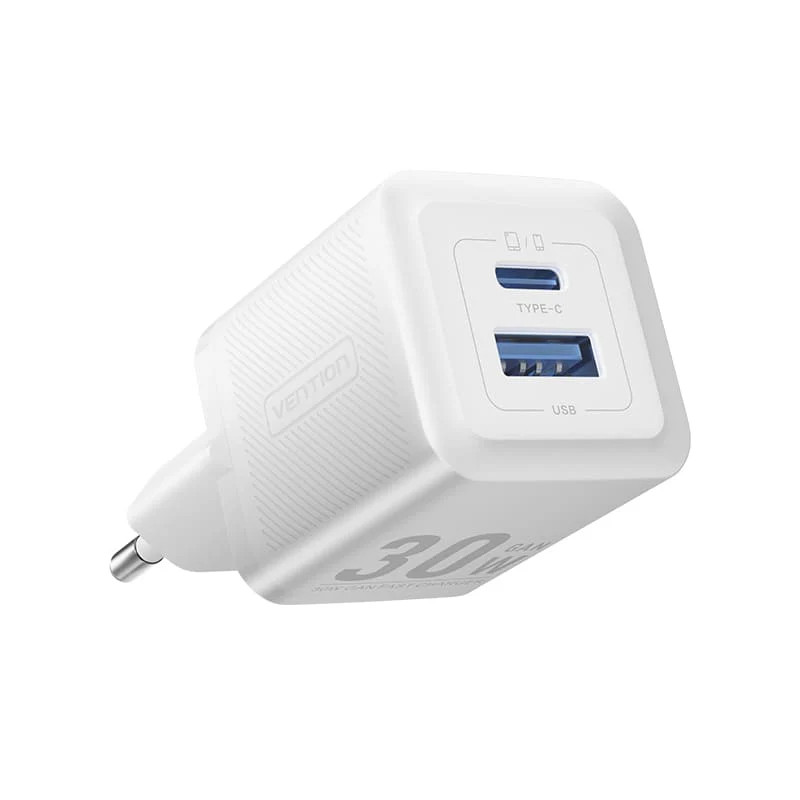 Мережевий зарядний пристрій Vention 2-Port USB (C + A) GaN Charger (30W/30W) EU-Plug White (FEQW0-EU)