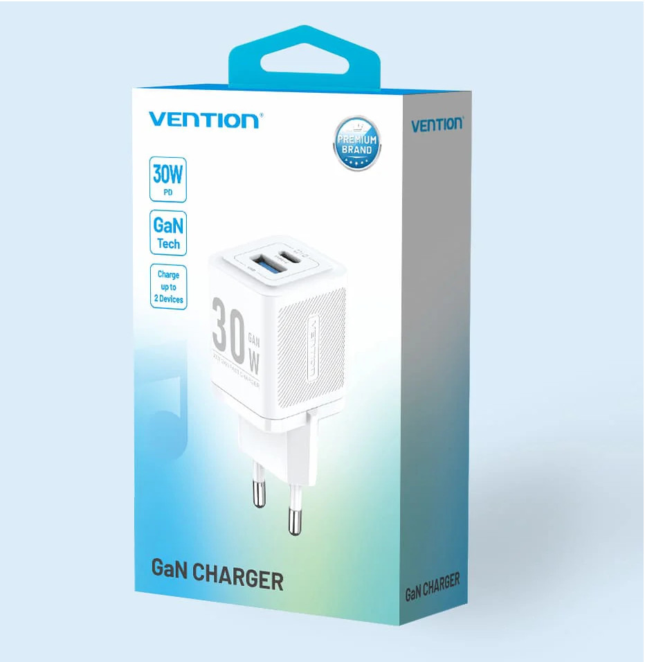 Мережевий зарядний пристрій Vention 2-Port USB (C + A) GaN Charger (30W/30W) EU-Plug White (FEQW0-EU)