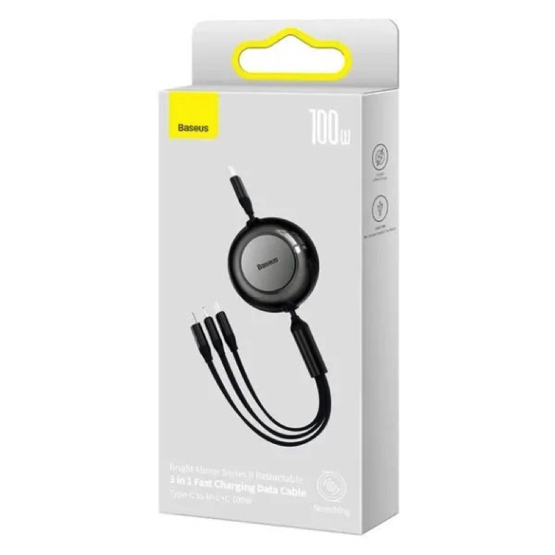 Кабель Baseus Bright Mirror 2 Series Retractable 3-in-1 Fast Charging  Data Cable Type-C to M+L+C 100W 1.1m Black (CAMJ010201)