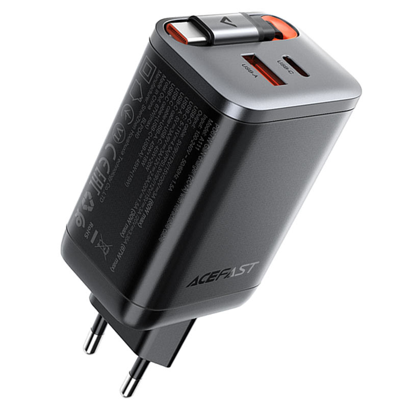 Мережевий зарядний пристрій з кабелем ACEFAST A111 PD67W GaN charger(2*USB-C+USB-A) with retractable cable Black (6974316284062)