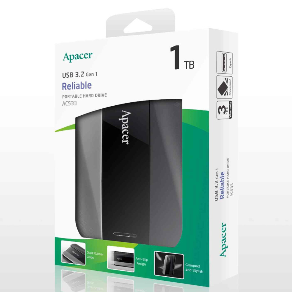 Зовнішній жорсткий диск PHD External 2.5'' Apacer USB 3.2 Gen 1 AC533 1TB Black (AP1TBAC533B-1)