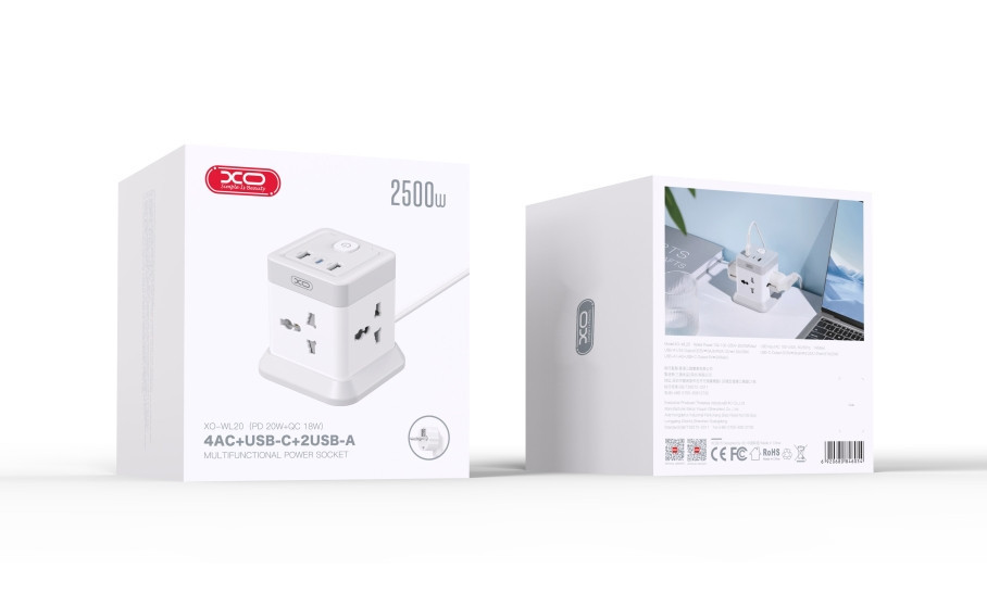 Мережевий подовжувач XO WL20 Square 4 розетки + 2×USB-A + USB-C, QC/PD 20W, 2 м, білий (м’ята упаковка)
