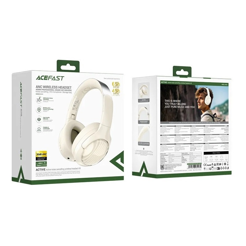 Бездротові накладні навушники ACEFAST H5 active noise cancelling wireless headset Milky White (6974316284284)
