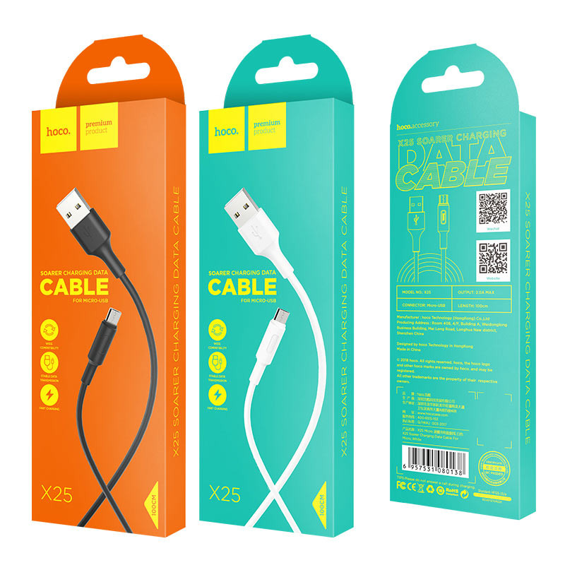 Кабель HOCO X25 USB to Micro 2A, 1m, PVC, PVC connectors, Black (6957531080121)