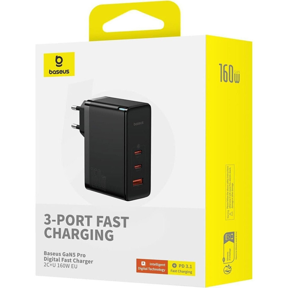 Мережевий зарядний пристрій з кабелем Baseus GaN5 Pro Digital Fast Charger 2C+U 160W Cluster Black (With Superior Charging Data Cable C to С) (P10110825113-00)