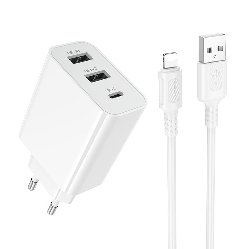 Мережевий зарядний пристрій з кабелем BOROFONE BA105A Stellar three-port charger set (iP) (EU) White (6941991125287)
