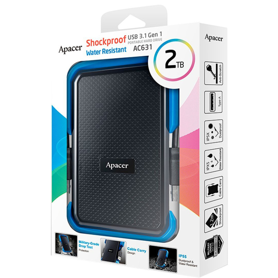 Зовнішній жорсткий диск PHD External 2.5'' Apacer USB 3.1 AC631 2TB Black/Blue (color box) (AP2TBAC631U-1)
