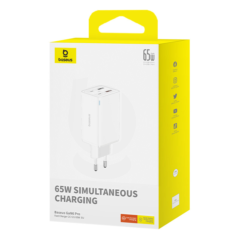 Мережевий зарядний пристрій Baseus GaN6 Pro 65W (2 Type-C+2 USB) (кабель 1 метр Кабель Type-C to Type-C 100W) (Колір білий)