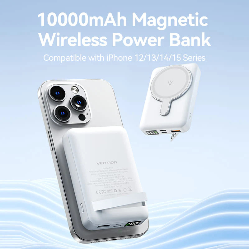 Зовнішній акумулятор Vention 10000mAh Magnetic Wireless Power Bank (USB-C + Lightning + USB-C + USB-A +Wireless) 22.5W White LED Display Type (FHTW0) (FHTW0)