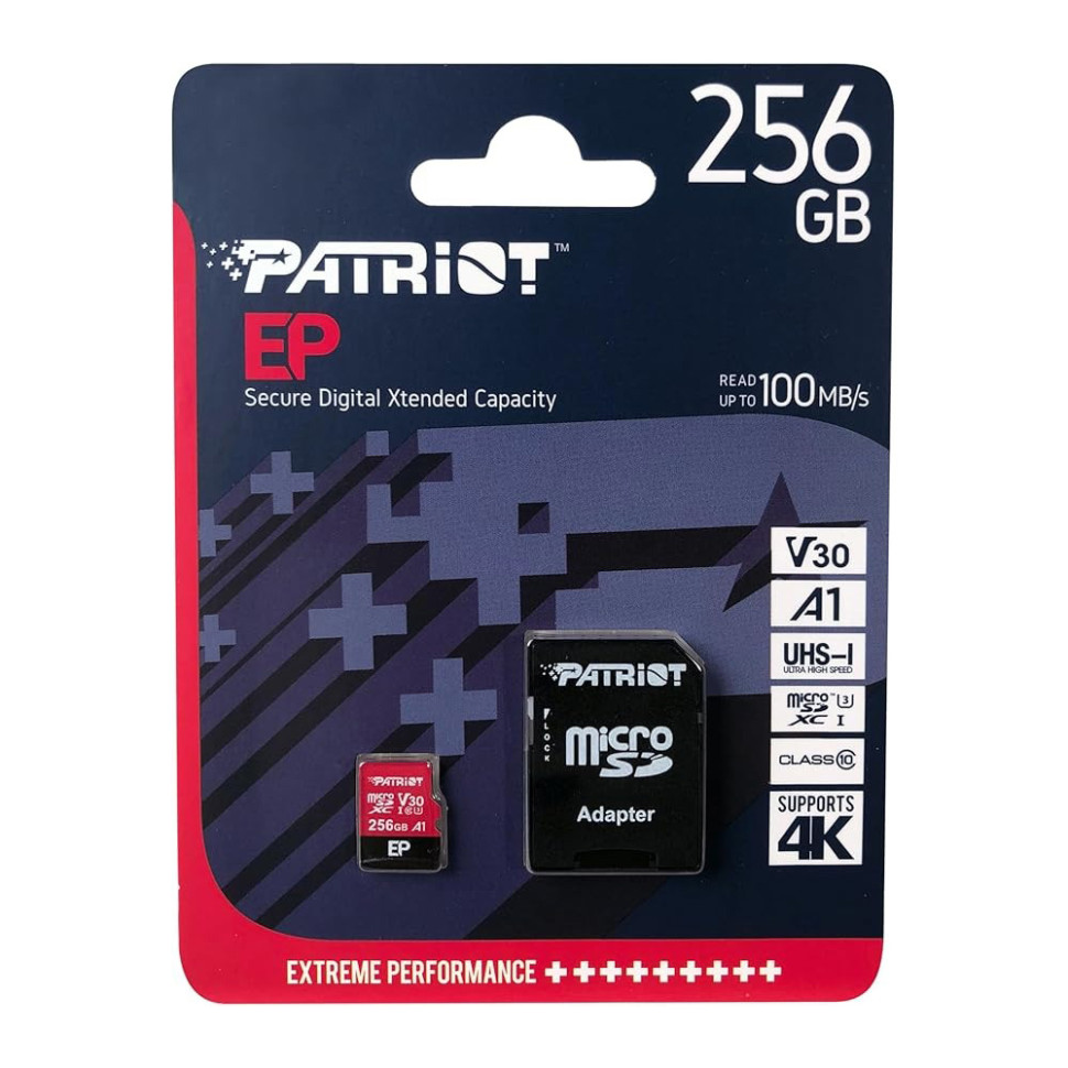 Карта пам'яті microSDXC (UHS-1 U3) Patriot EP Series 256Gb class 10 V30 (R-100MB/s, W-80MB/s) (adapter SD) (PEF256GEP31MCX)