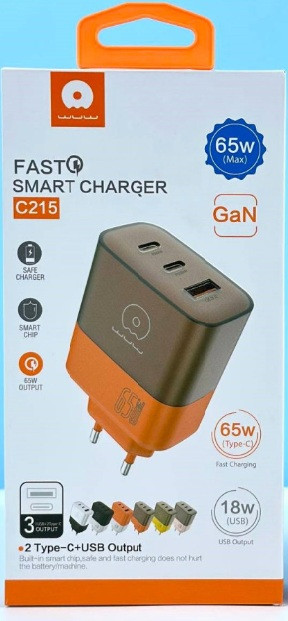 Мережевий зарядний пристрій WUW-C215 65W Charger 2 USB C + USB A brown orange (C215BO)