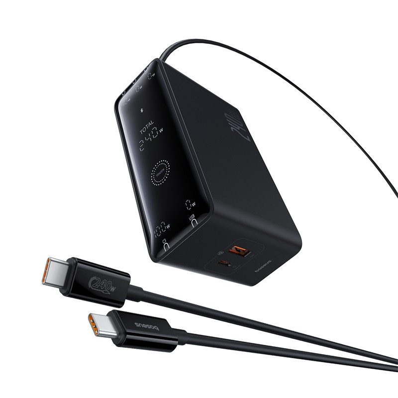 Мережевий зарядний пристрій з кабелем Baseus Baseus GaN Desktop (3 порти USB-C + 1 USB-A + DC-вихід 240W) (колір чорний)
