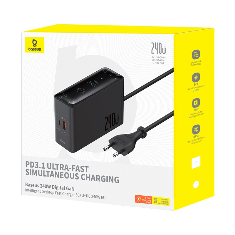 Мережевий зарядний пристрій з кабелем Baseus Baseus GaN Desktop (3 порти USB-C + 1 USB-A + DC-вихід 240W) (колір чорний)