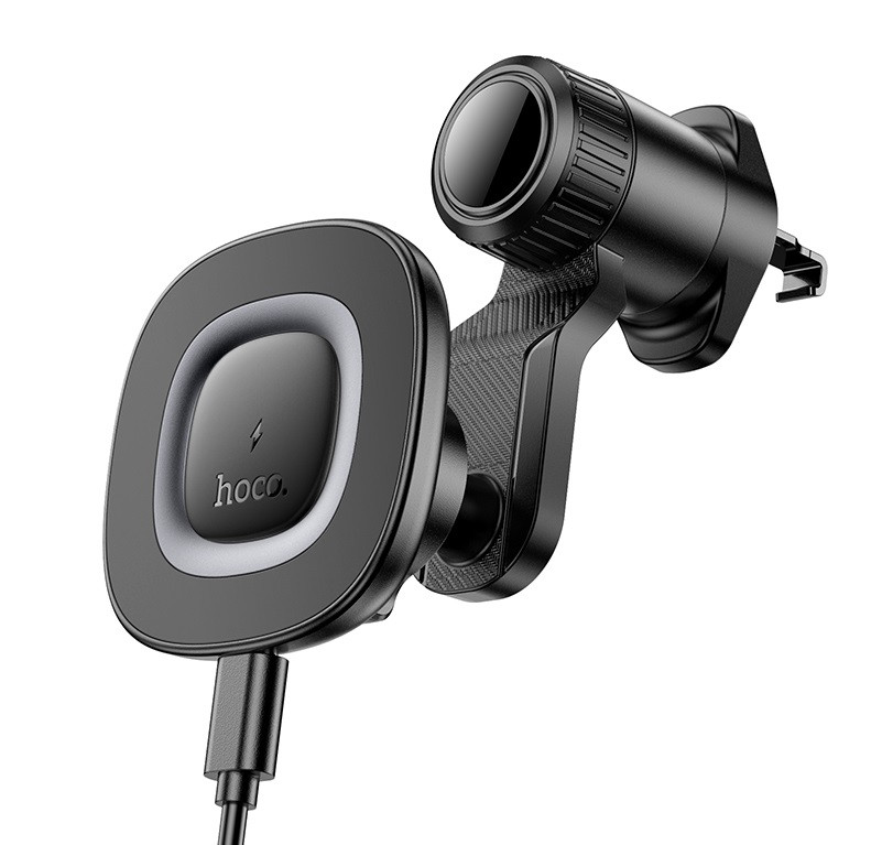 Автотримач для телефона з БЗП HOCO HW30 Crown magnetic wireless charging car holder (air outlet) Black Metal Gray (6942007646925)