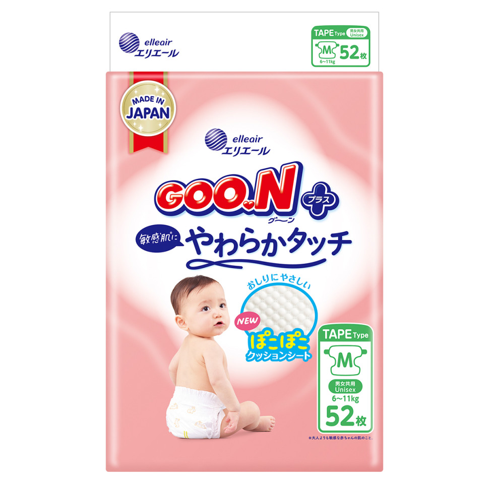 Підгузки GOO.N Plus для дітей 6-11 кг (розмір М, на липучках, унісекс, 52 шт)