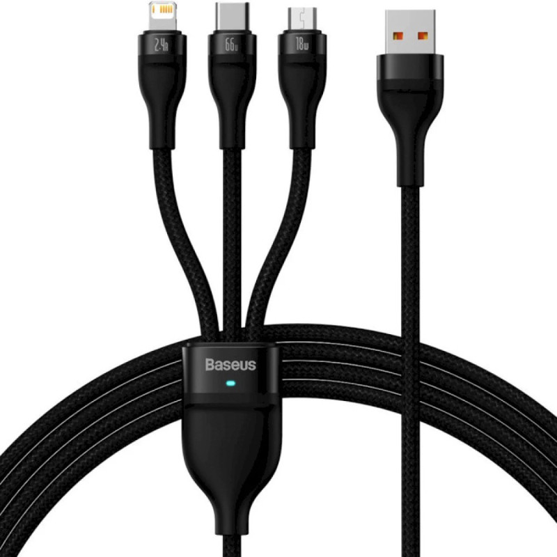 Кабель Baseus Flash Series Ⅱ One-for-three Fast Charging Data Cable USB to M+L+C 100W 1.2m Black (CASS030001)