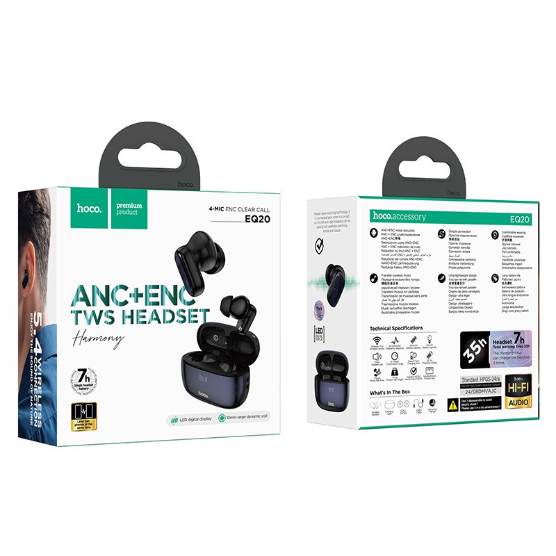 Бездротові навушники HOCO EQ20 Rhyme true wireless ANC+ENC noise reduction BT headset Black (6942007641319)
