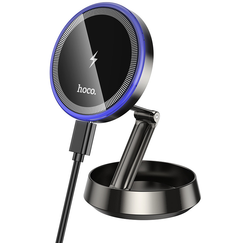 Автотримач для телефона з БЗП HOCO HW33 Metal ring magnetic wireless fast charging car holder (center console) Metal Grey (6942007647946)