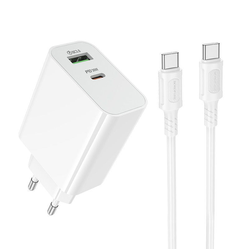Мережевий зарядний пристрій BOROFONE BA108A Stellar PD30W+QC3.0 charger set (C to C) (EU) White (6941991125393)
