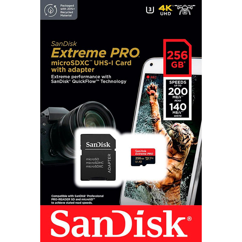 Карта пам'яті microSDXC (UHS-1 U3) SanDisk Extreme Pro A2 256Gb class 10 V30 (R200MB/s,W140MB/s) (adapter) (SDSQXCD-256G-GN6MA)