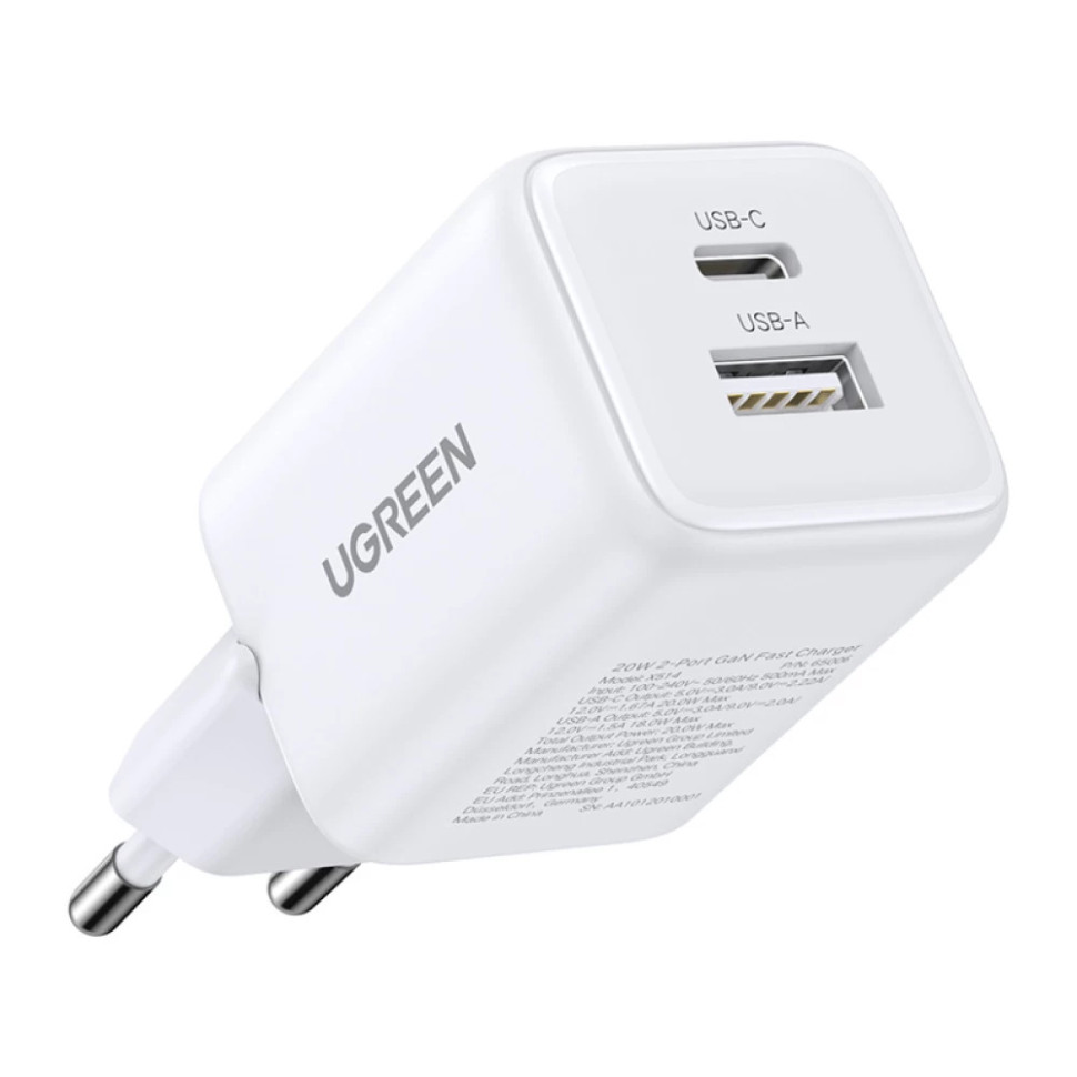 Мережевий зарядний пристрій UGREEN X514 20W 2-Port GaN Fast Charger EU White (UGR-65006)