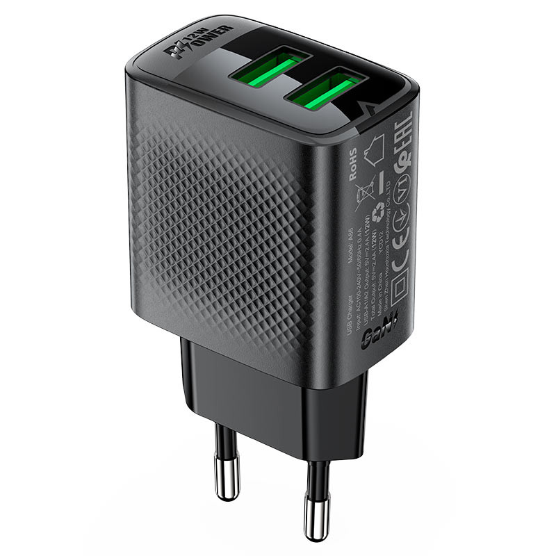 Мережевий зарядний пристрій ACEFAST A86 12W (USB-A+USB-A) dual port charger  Black (6974316283270)