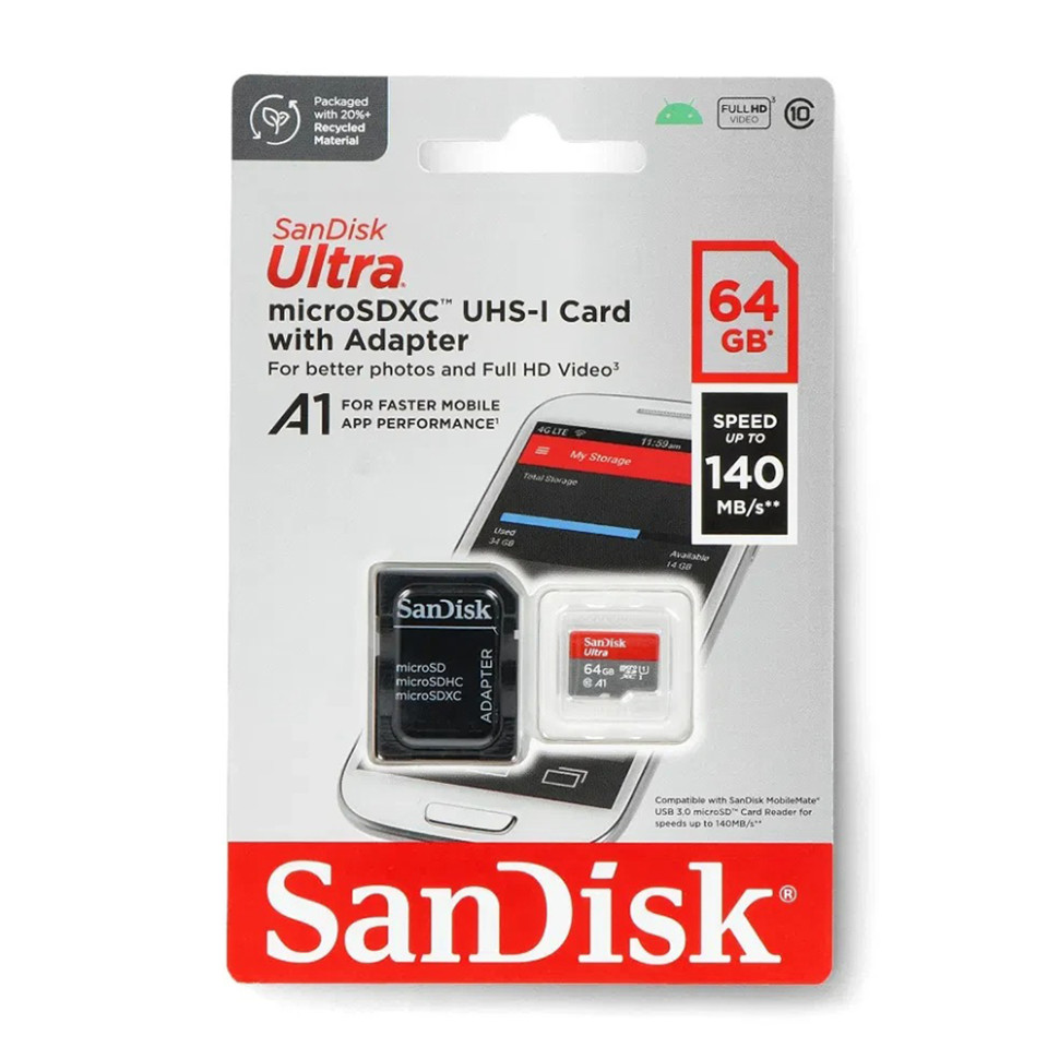 Карта пам'яті microSDXC (UHS-1) SanDisk Ultra 64Gb class 10 A1 (140Mb/s) (adapter SD) Imaging Packaging (SDSQUAB-064G-GN6IA)