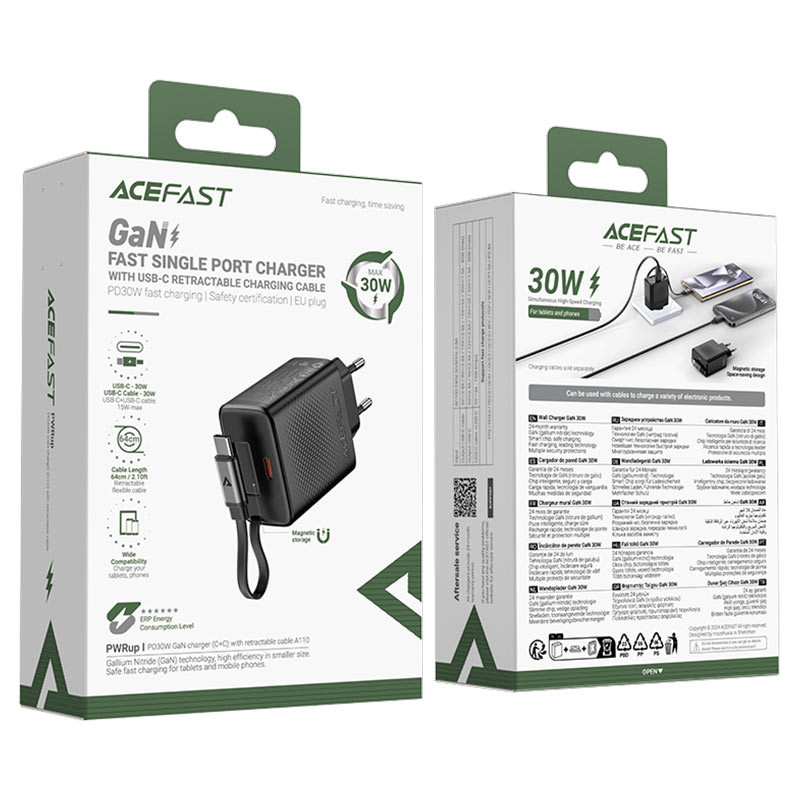 Мережевий зарядний пристрій з кабелем ACEFAST A110 PD30W GaN charger (USB-C+USB-C) with retractable cable (EU) Black (6974316283942)