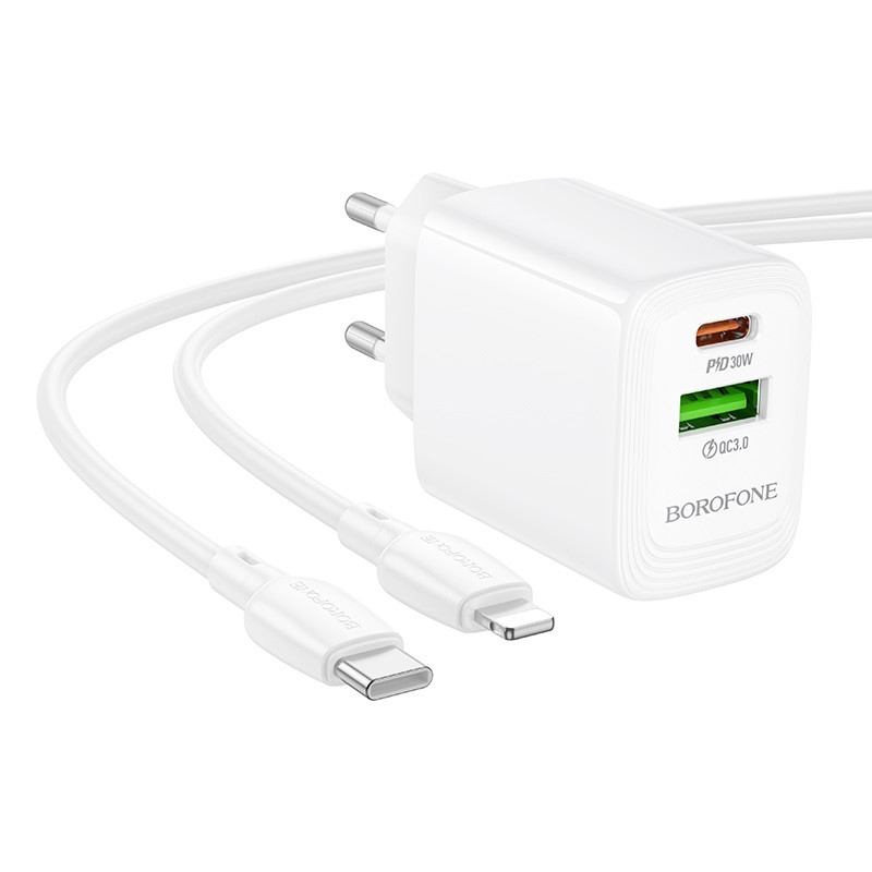 Мережевий зарядний пристрій з кабелем BOROFONE BN29 Fuente PD30W+QC3.0 charger set (C to iP) (EU) White (6941991120336)