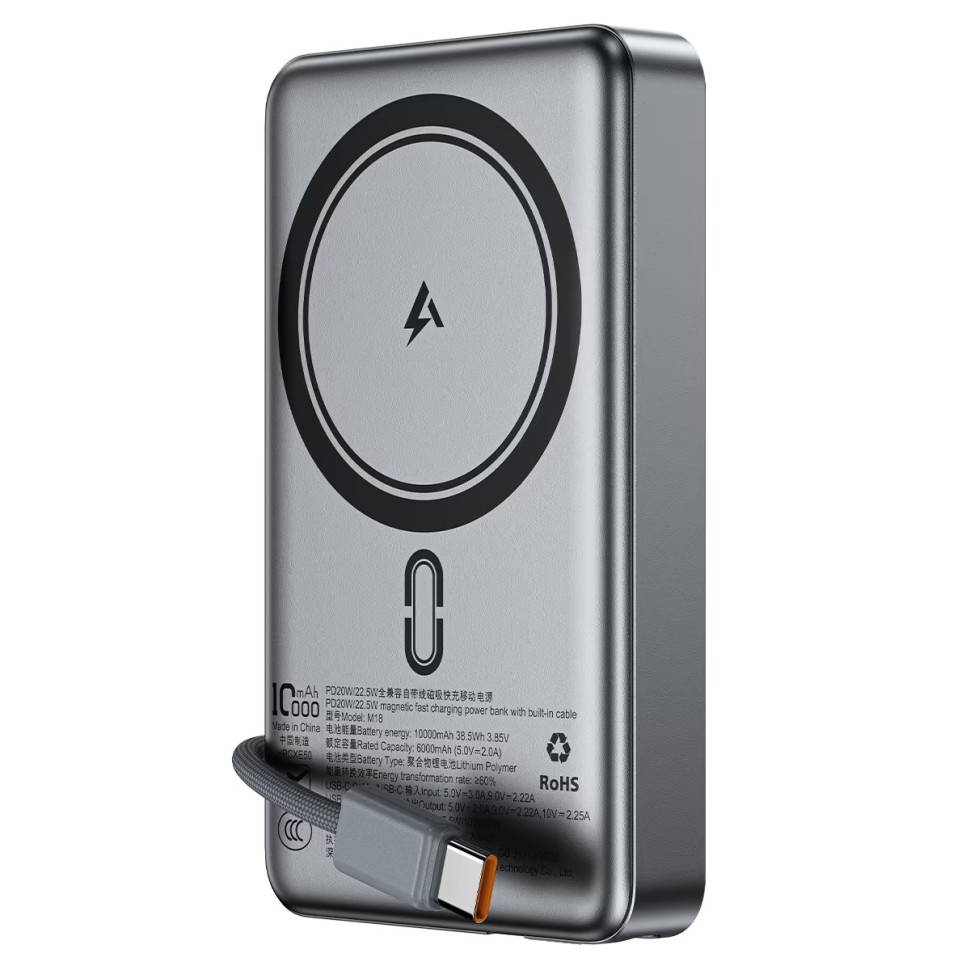 Зовнішній акумулятор ACEFAST M18-10000 PD20W/22.5W magnetic fast charging power bank with built-in cable Black (6974316284017)