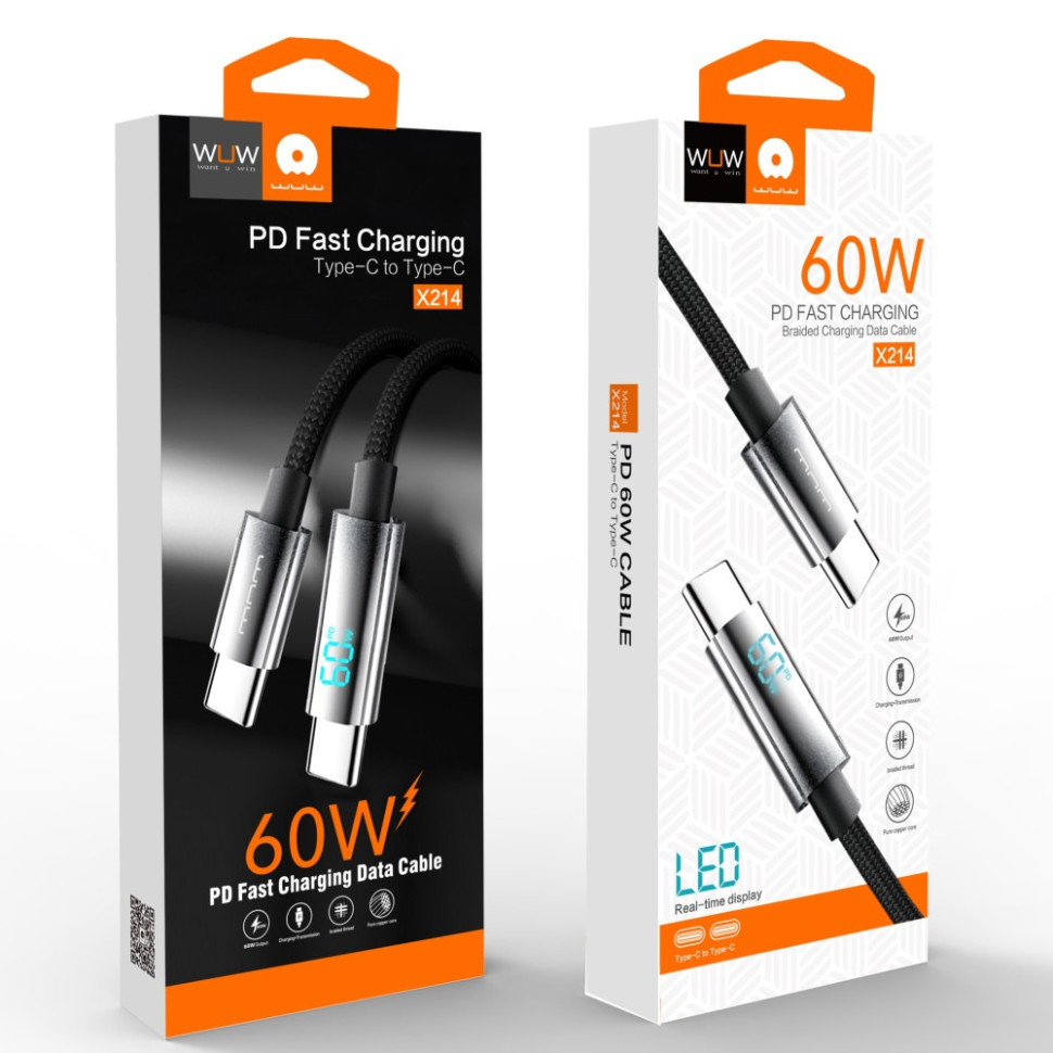 Кабель WUW-X214 (Type-C to Type-C) (підтримка Power Delivery до 60W) 1 метр (колір Black)