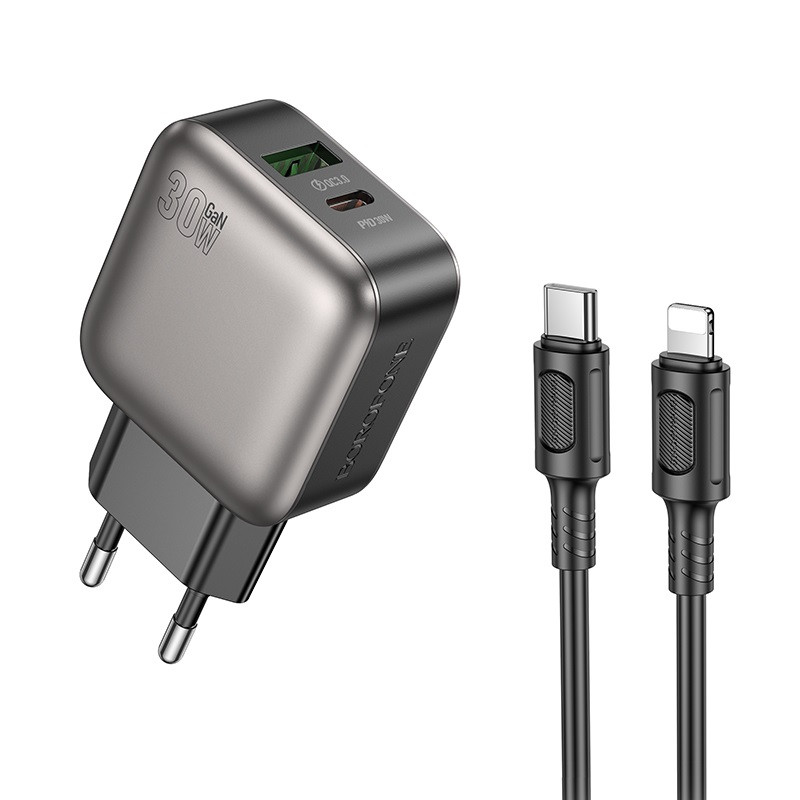 Мережевий зарядний пристрій з кабелем BOROFONE BAS55A Absolute PD30W+QC3.0 charger set (C to iP) (EU) Black (6941991116247)