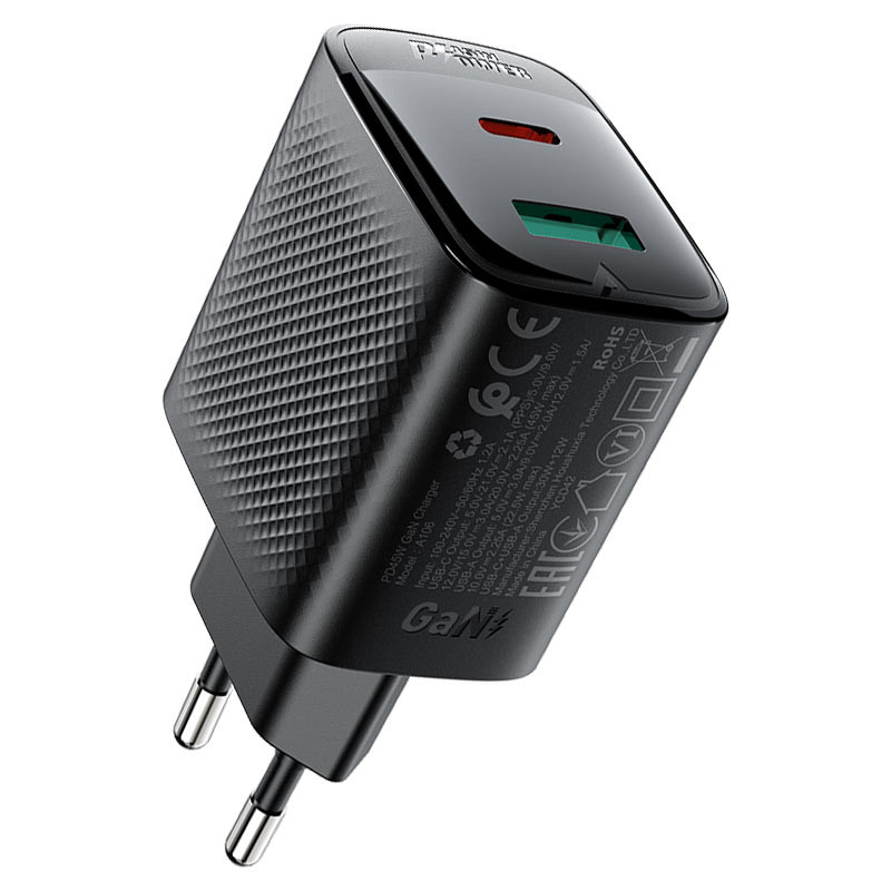 Мережевий зарядний пристрій ACEFAST A106 PD45W GaN (USB-C+USB-A) charger (EU) Black (6974316284031)