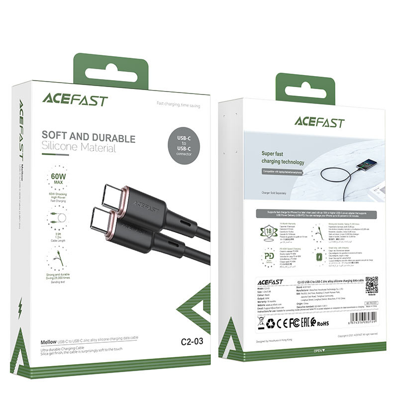 Кабель ACEFAST C2-03 Type-C to Type-C 3A, 60W, 1.2m, silicone, zinc connectors, Black (6974316280729)