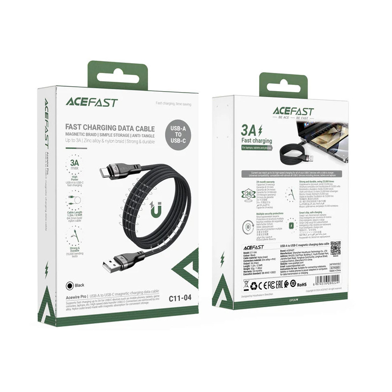 Кабель ACEFAST C11-04 USB to Type-C 3A, 1.2m,  nylon + PVC, zinc connectors, Black (6974316280224)
